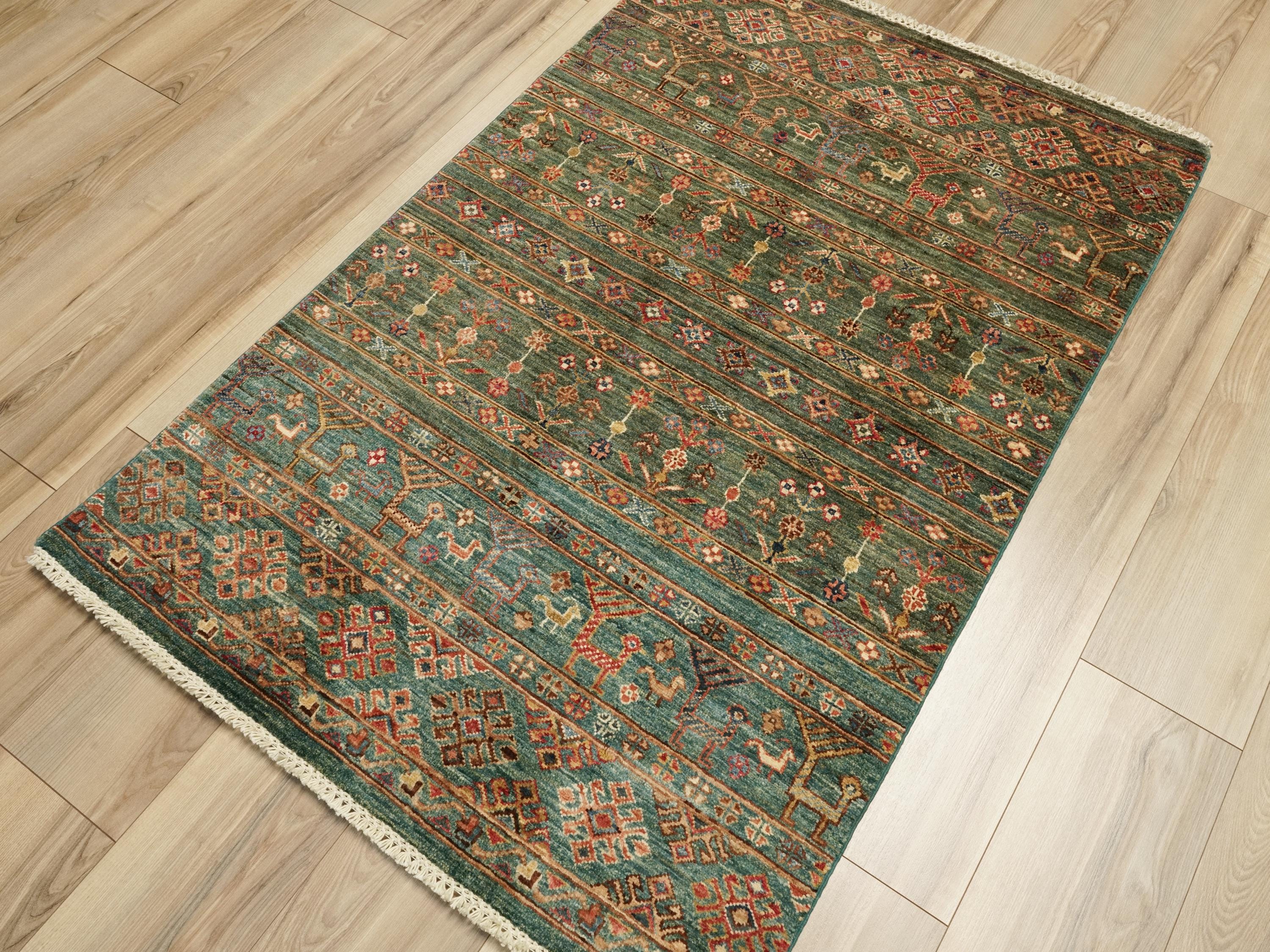 3x5 Ft Green Khorjin Rug - Afghan Wool Area Rug