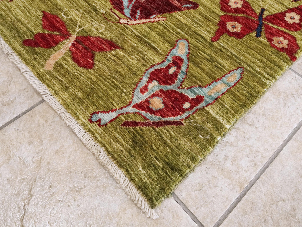 12 Ft Green Butterfly Runner Rug - Afghan Wool Hallway Rug