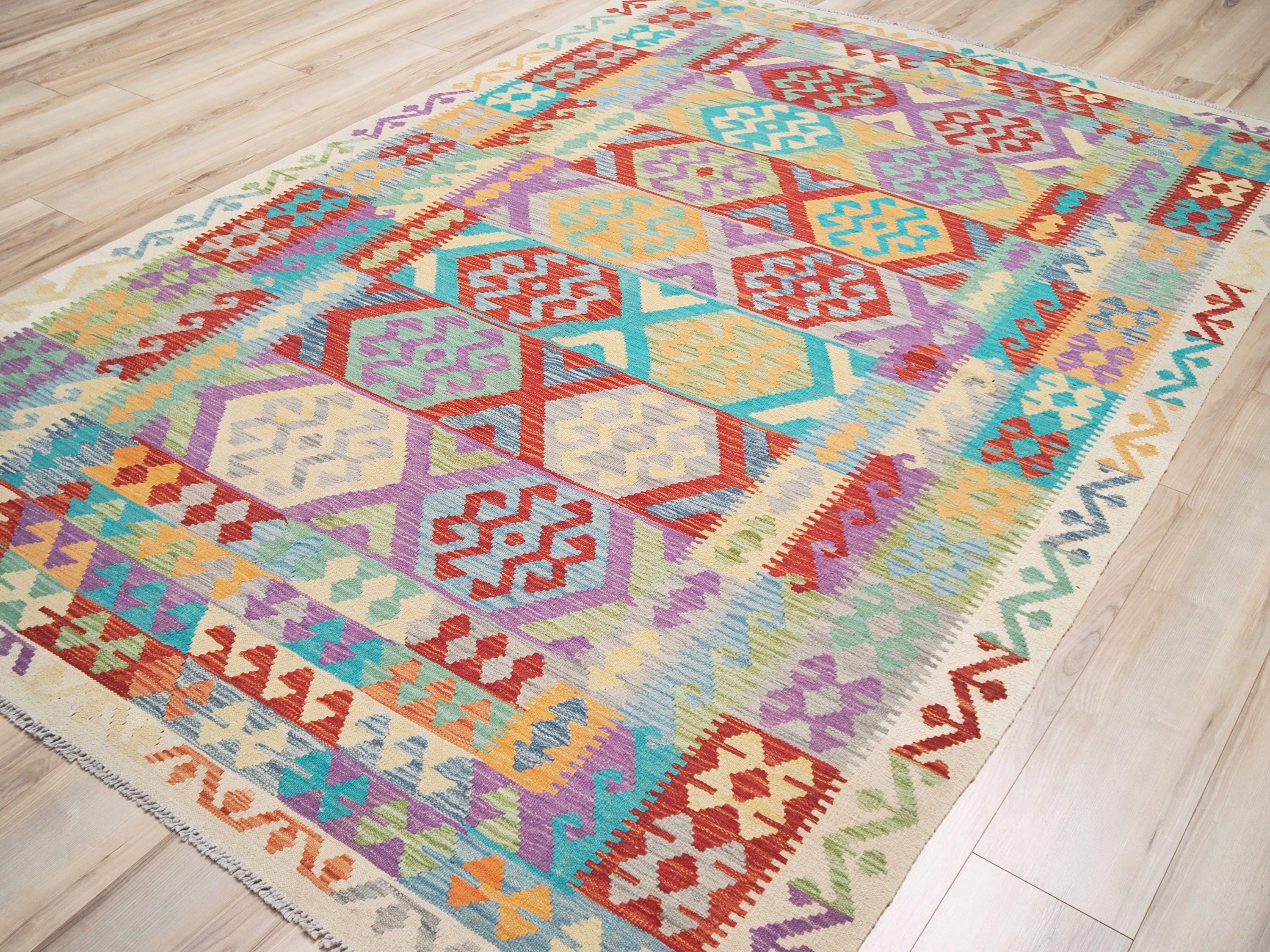 7x10 Ft Purple Kilim Rug - Flat Weave Afghan Rug