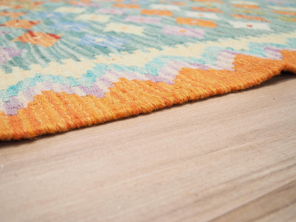 6x8 Ft Orange & Green Kilim Rug - Geometric Flatweave