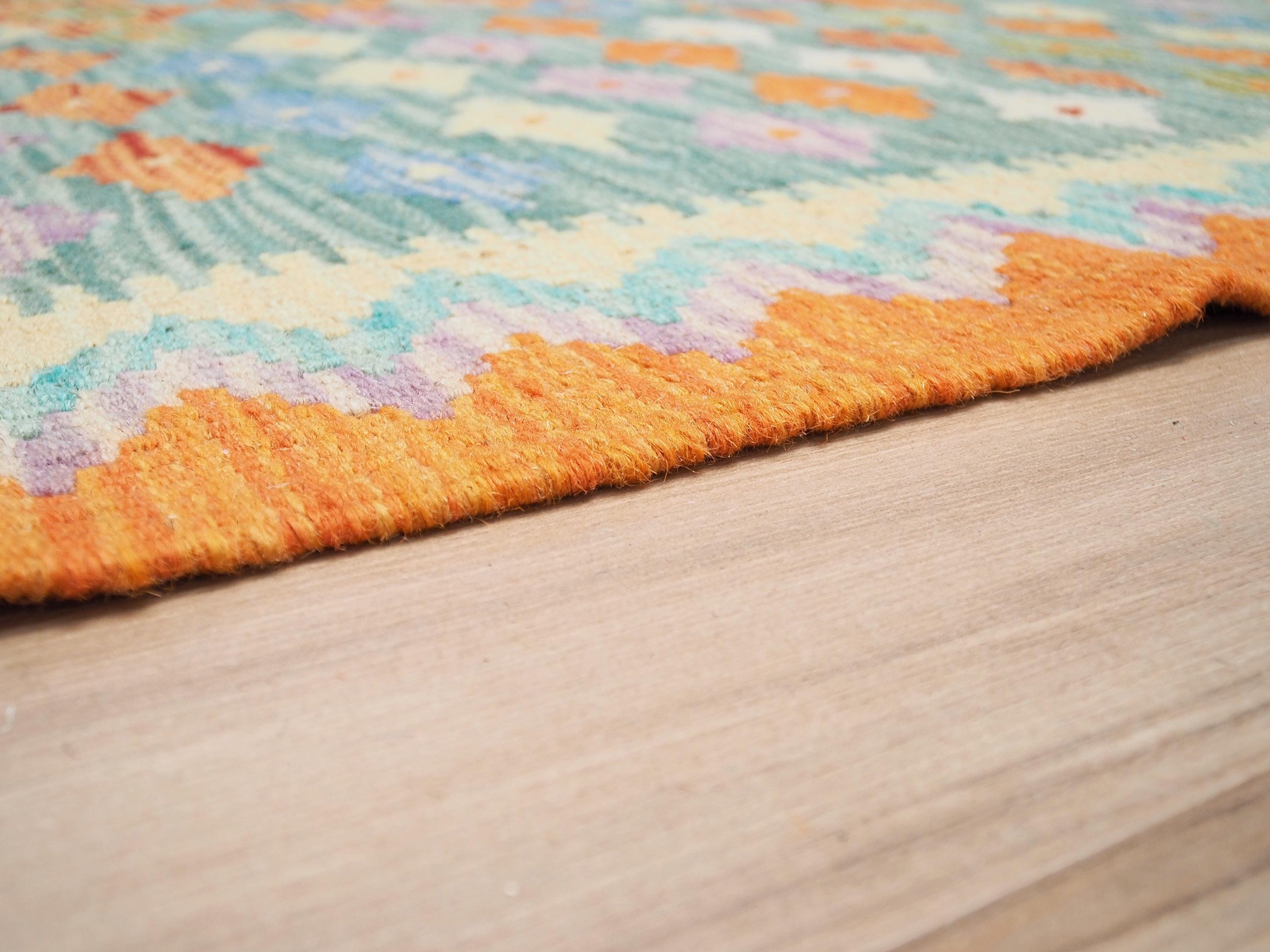 6x8 Ft Orange & Green Kilim Rug - Geometric Flatweave