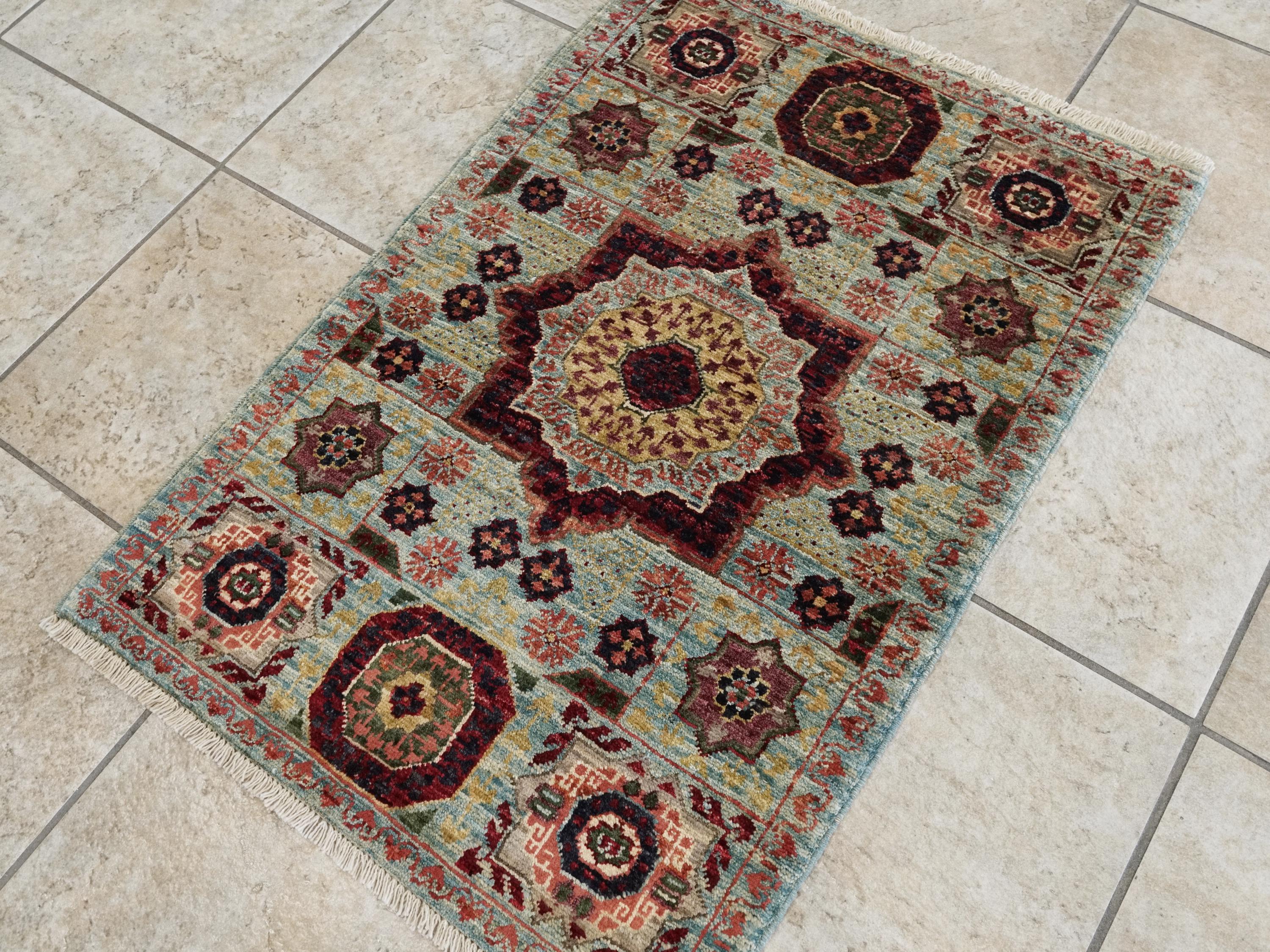 2x3 Ft Light Blue Mamluk Rug - Hand Knotted Ghazni Wool Accent Rug