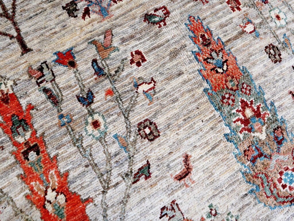 11 Ft Beige Afghan Runner Rug - Hand Knotted Hallway Rug - Floral Design