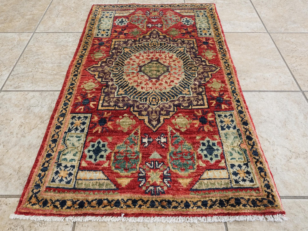 2x3 Ft Hand Knotted Wool Mamluk Rug - Red Oriental Accent Rug