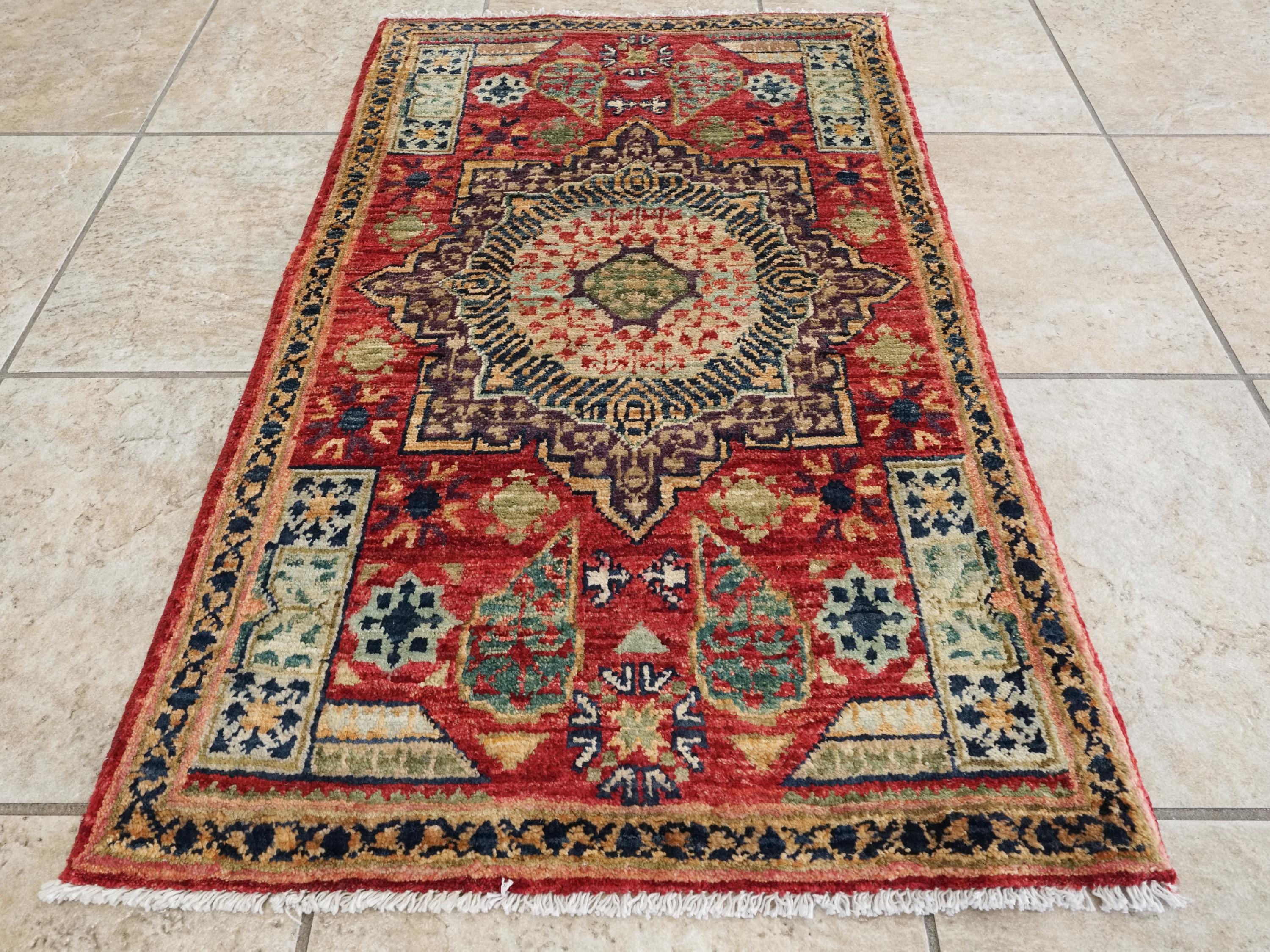 2x3 Ft Hand Knotted Wool Mamluk Rug - Red Oriental Accent Rug