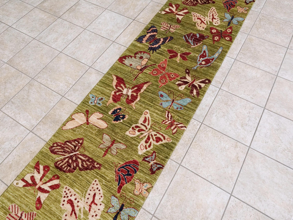 12 Ft Green Butterfly Runner Rug - Afghan Wool Hallway Rug