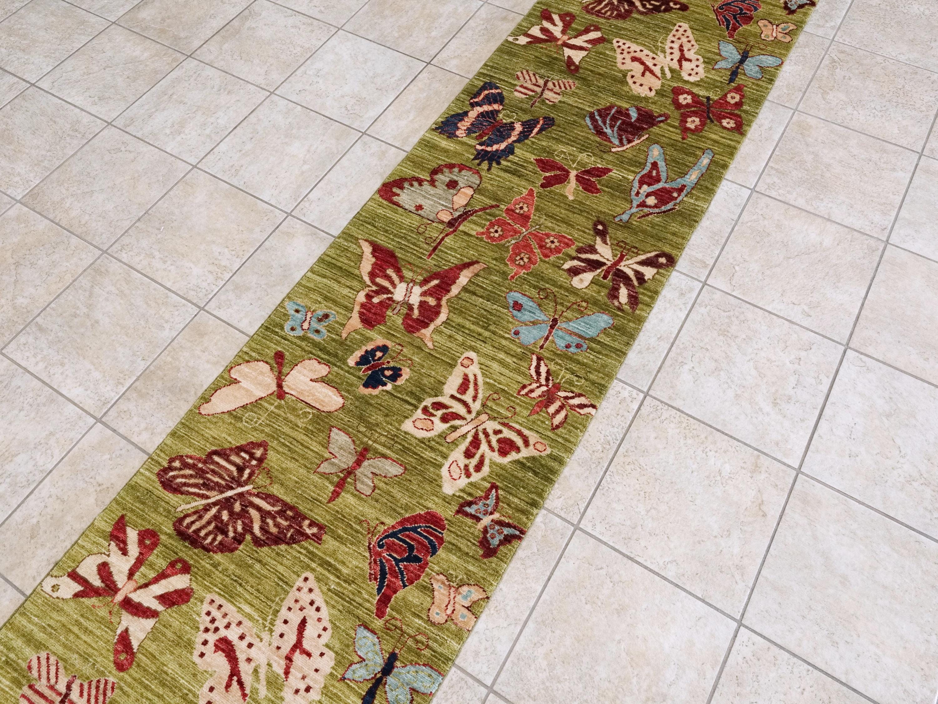 12 Ft Green Butterfly Runner Rug - Afghan Wool Hallway Rug