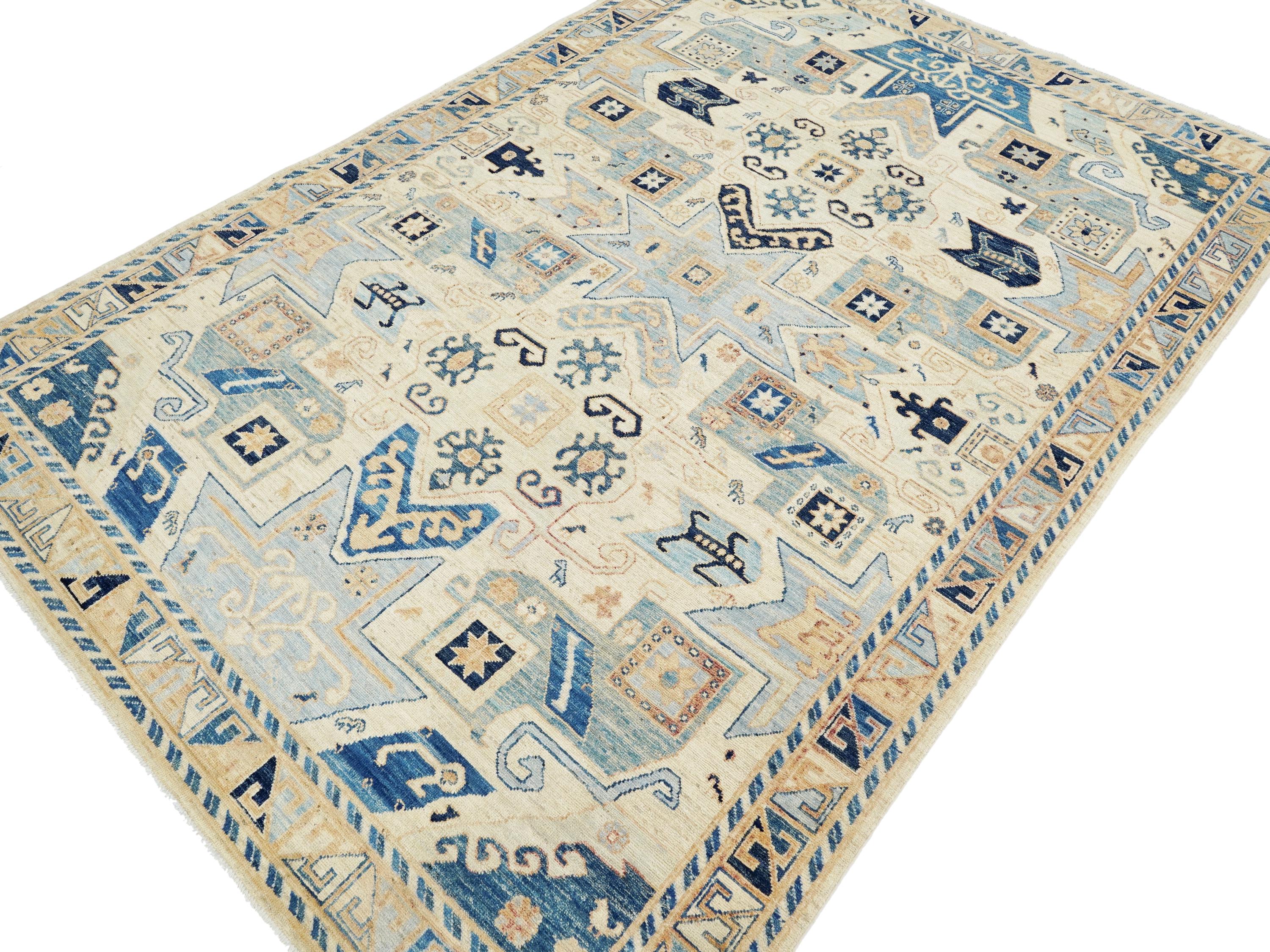 6x9 Ft Antique Heriz Rug - Beige & Blue Persian Rug