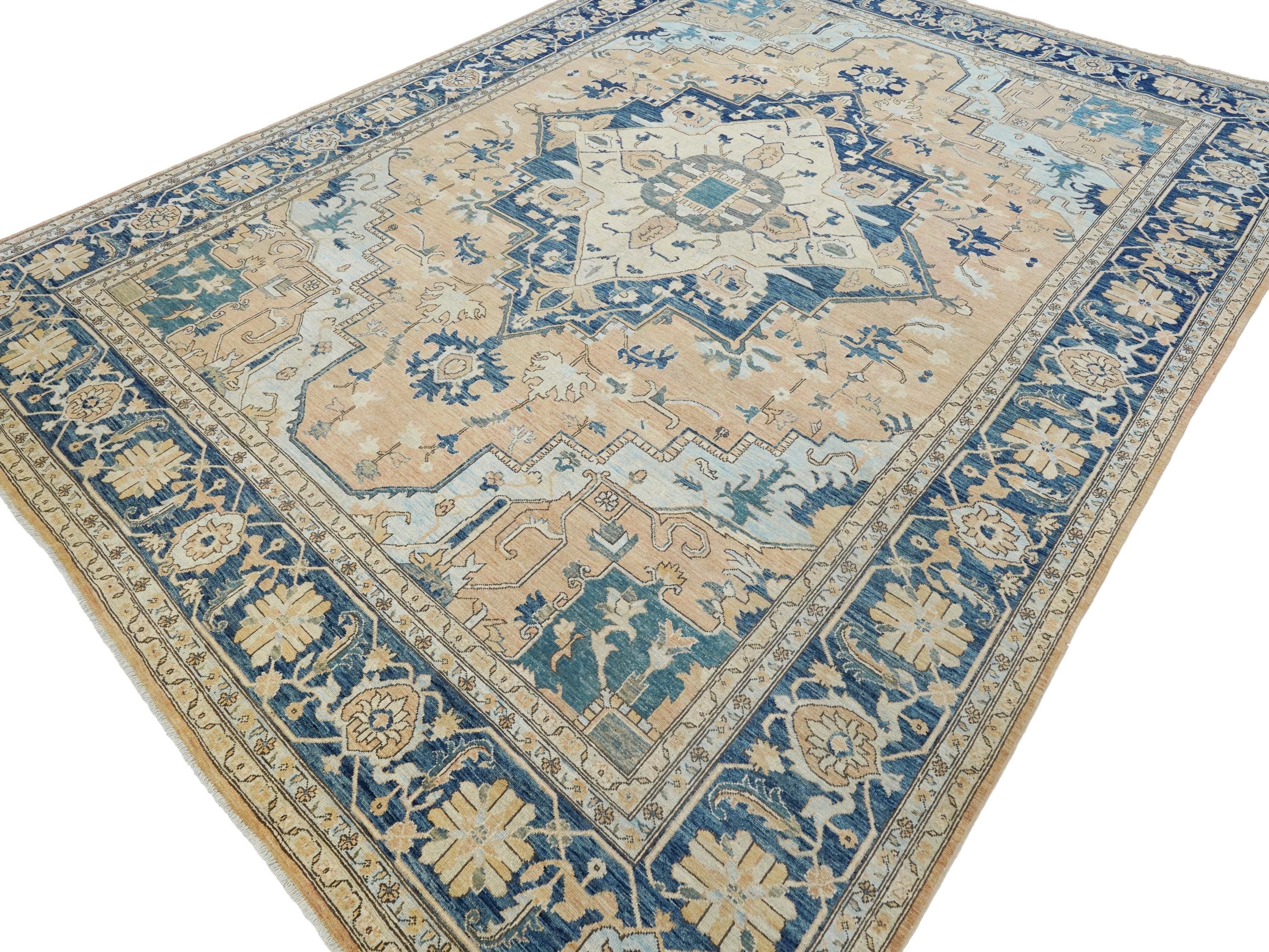 10x14 Ft Blue & Orange Heriz Rug - Hand Knotted Antique Rug