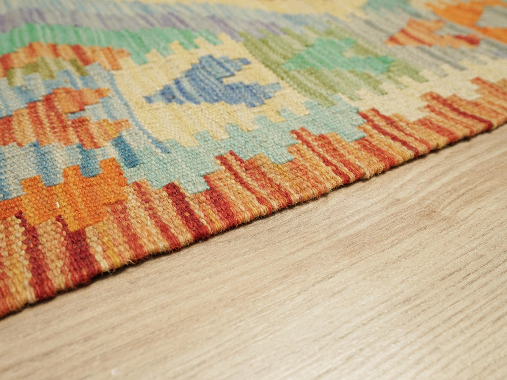 7 Ft Orange Green Kilim Rug  Flat Weave Afghan Runner