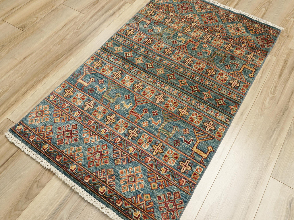 3x5 Ft Blue Khorjan Rug - Hand Knotted Oriental Rug