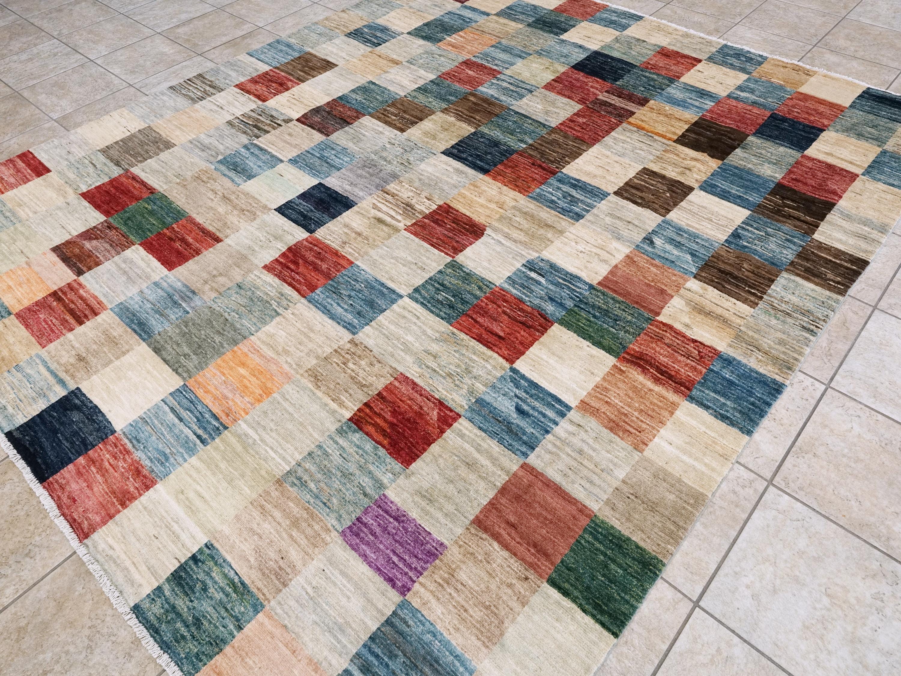 8x10 Ft Hand Knotted Colorful Gabbeh Rug - Geometric Design