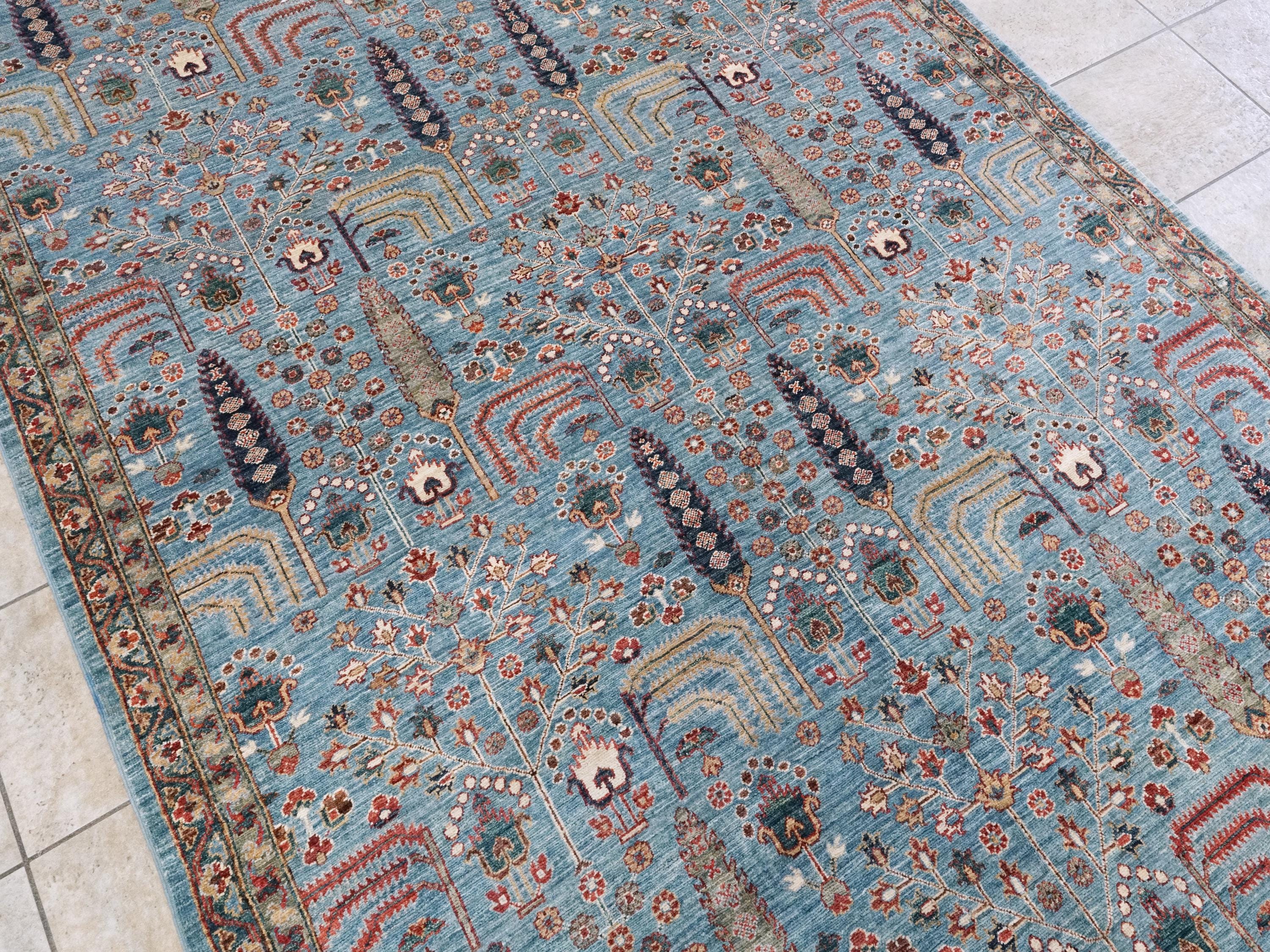 6x9 Ft Blue Serapi Rug - Afghan Wool Oriental Rug - Floral Design