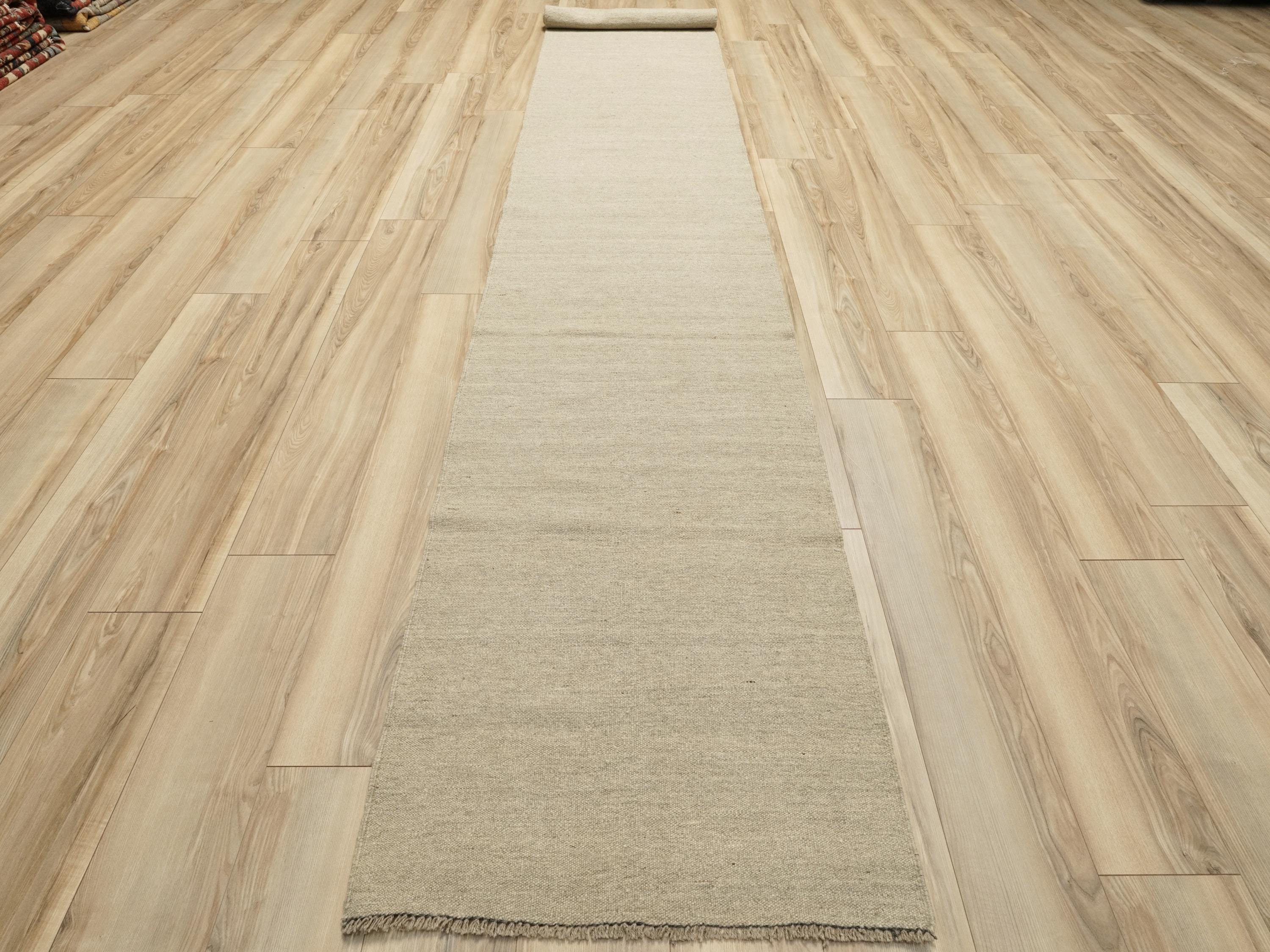 17 Ft Handmade Kilim Runner Rug: Beige Flat Weave Hallway Rug