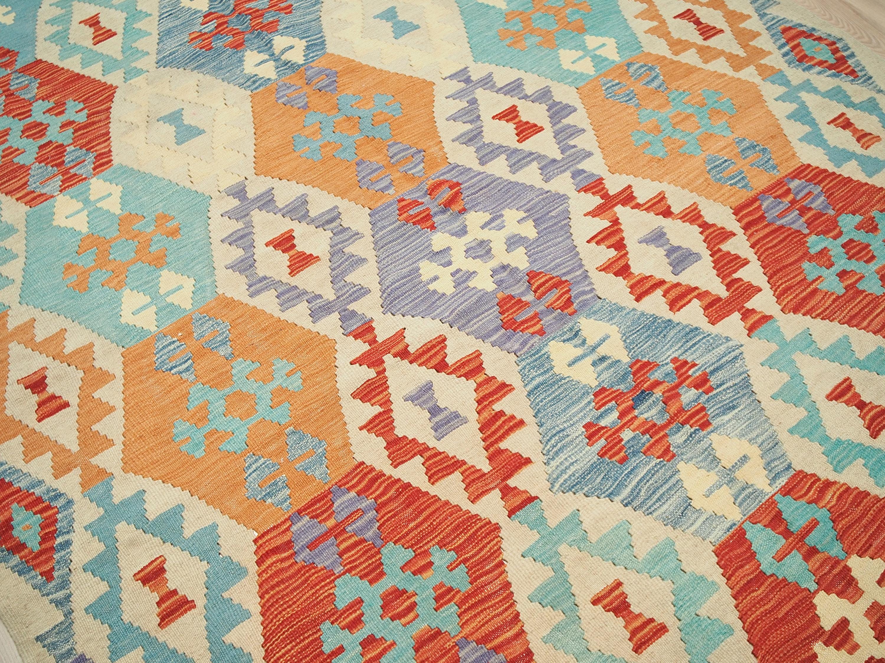 5x7 Ft Red & Blue Kilim Rug - Flat Weave Tribal Rug