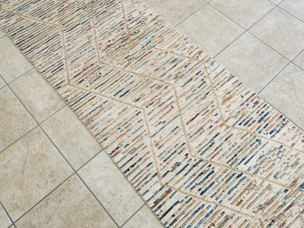 9 Ft Handmade Afghan Wool Runner Rug - Beige Moroccan Style