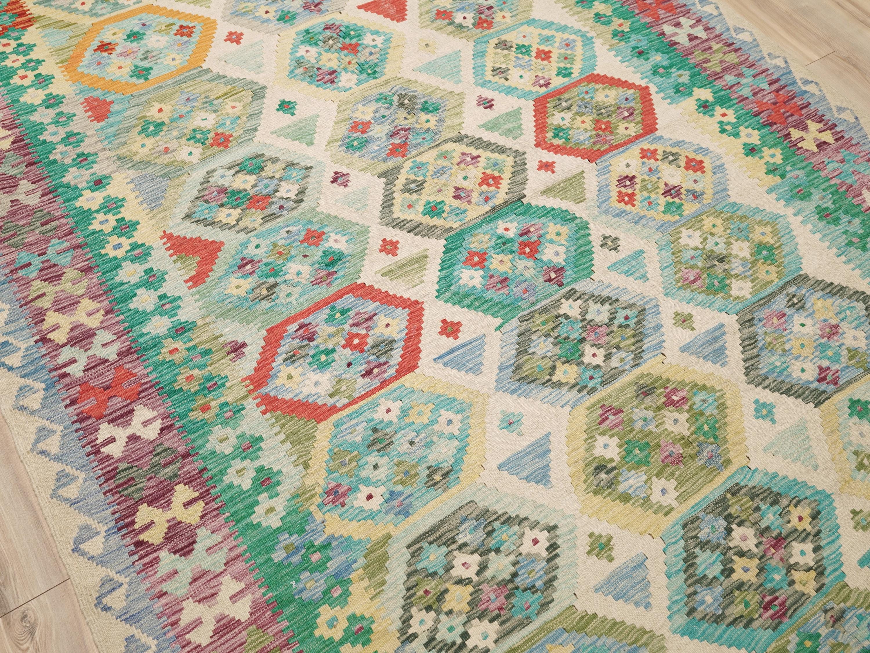 6x10 Ft Green Kilim Rug - Flat Weave Tribal Rug