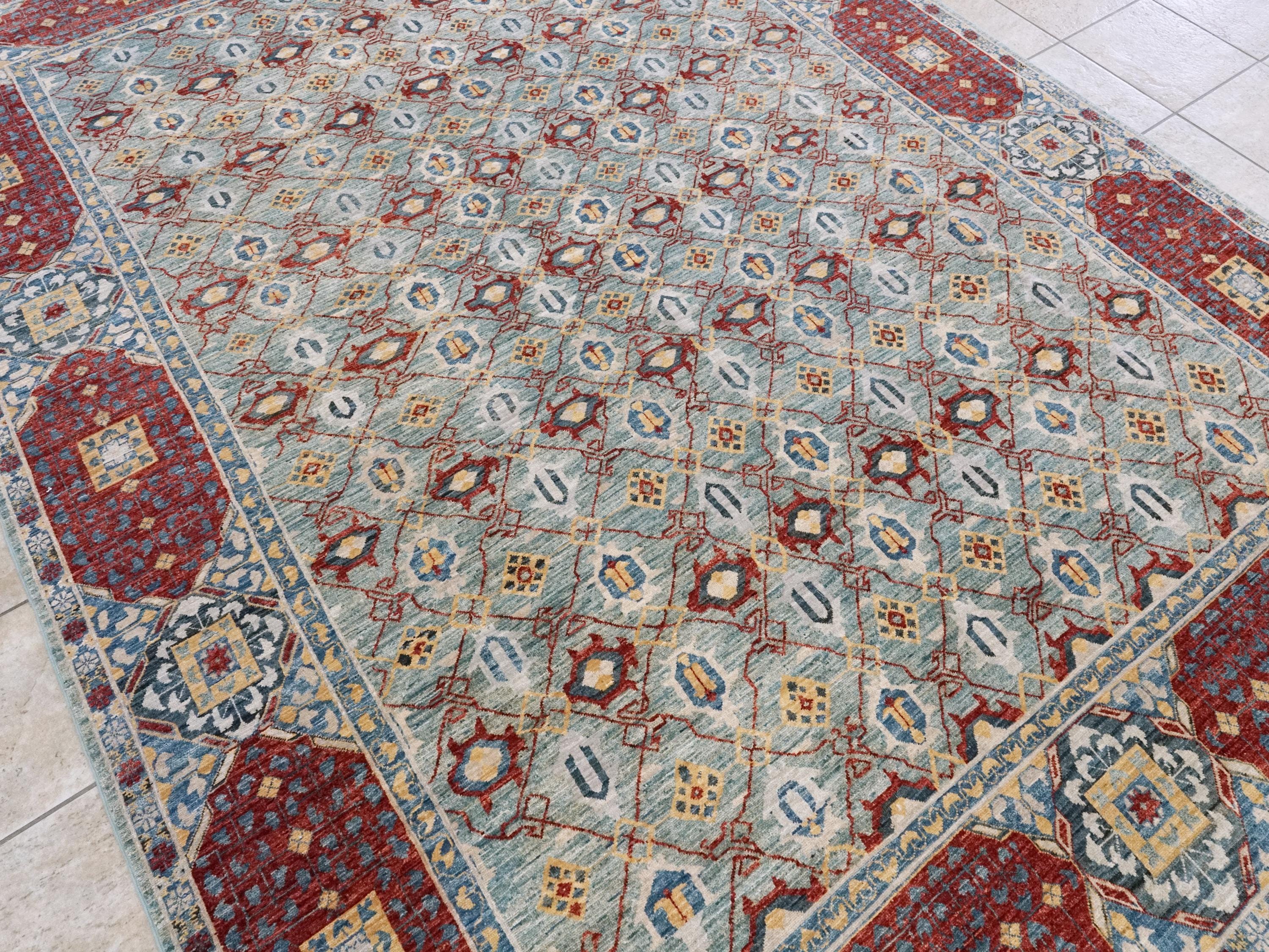8x10 Ft Blue & Red Heriz Rug - Handmade Afghan Wool Rug - Traditional Persian Design
