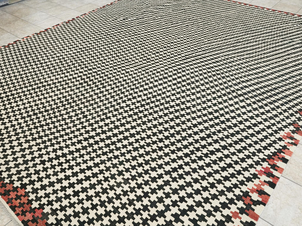 10x13 Ft Black & Beige Kilim Rug - Handmade Afghan Flatweave