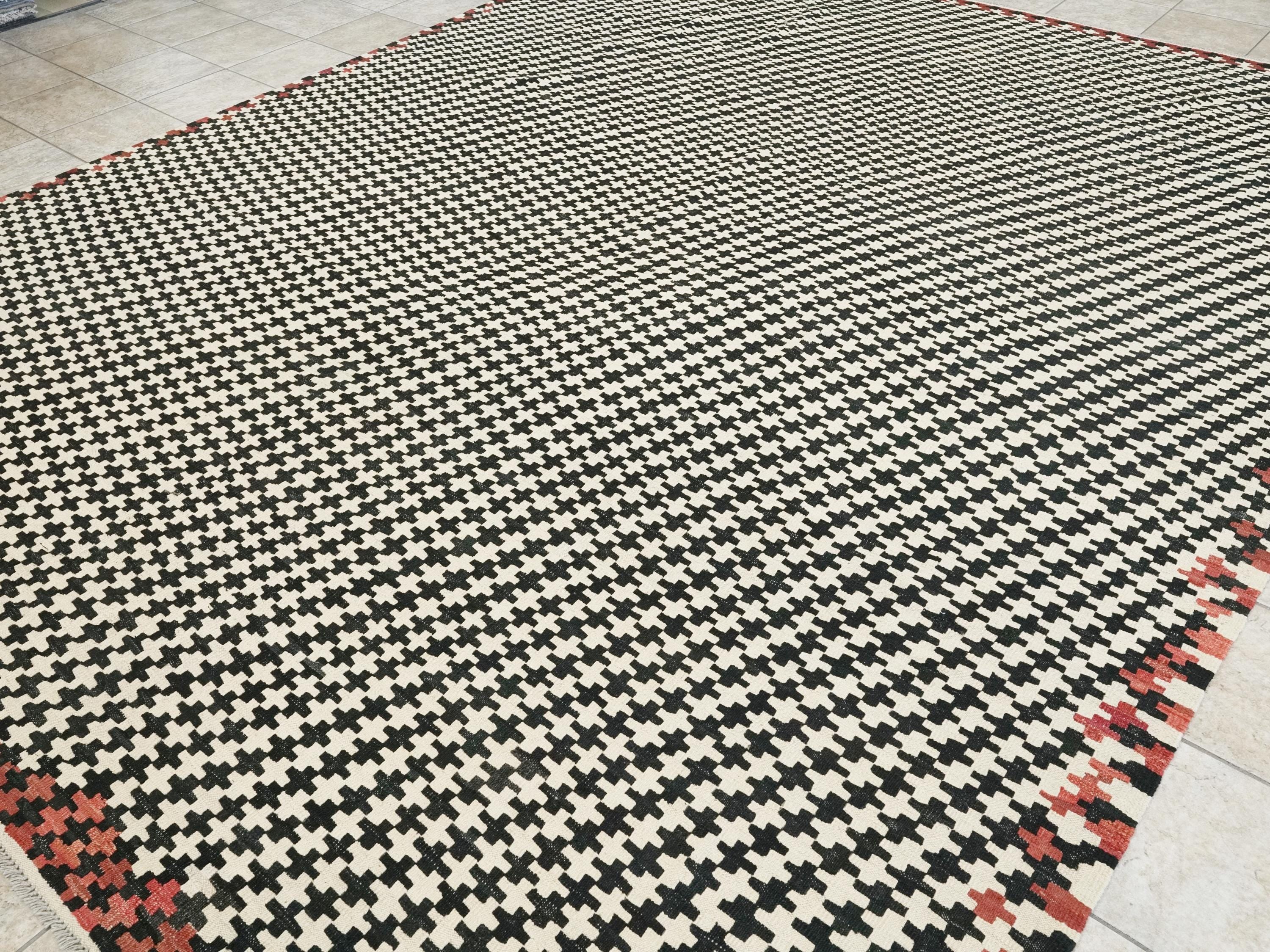 10x13 Ft Black & Beige Kilim Rug - Handmade Afghan Flatweave