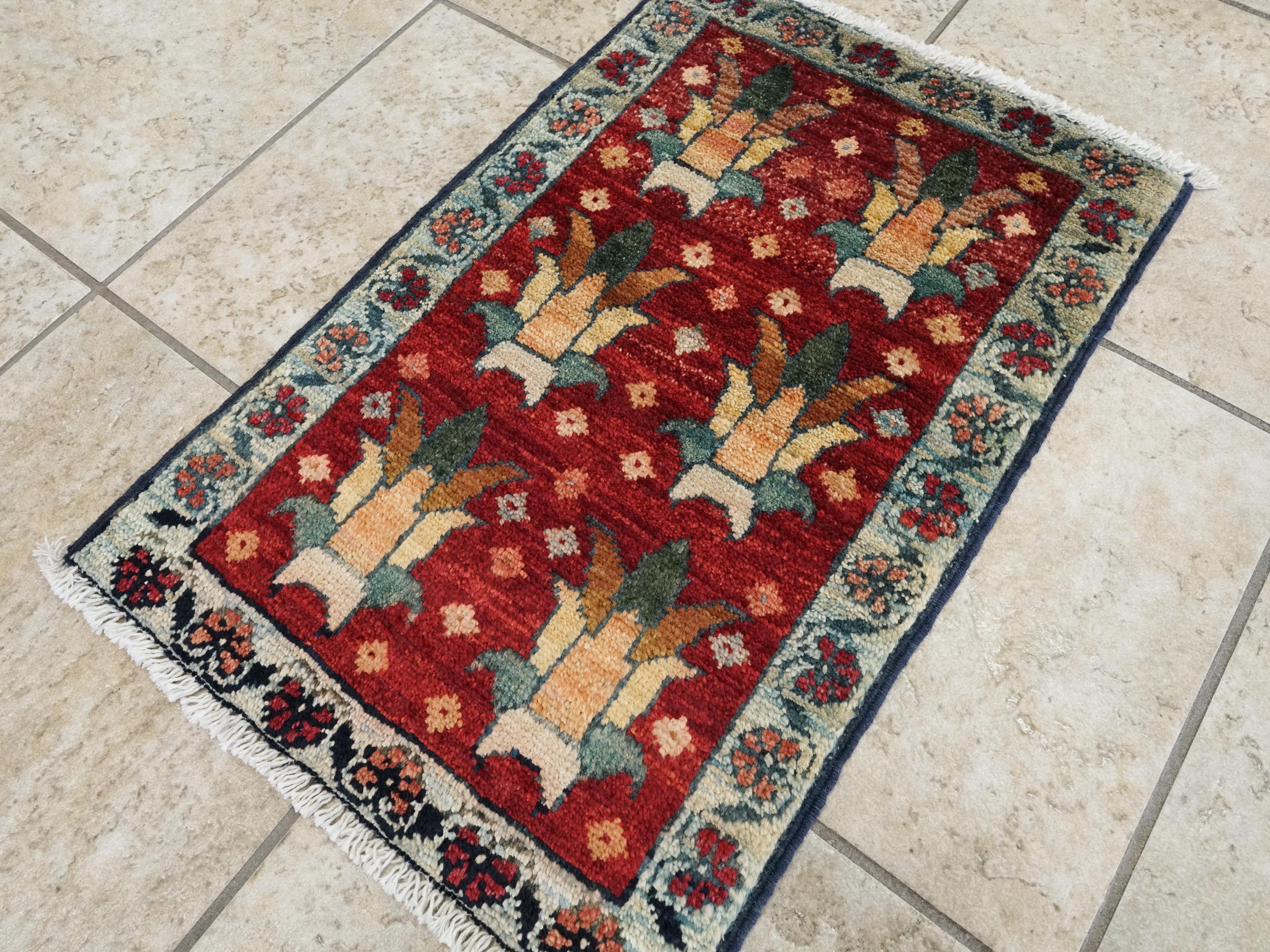 1x2 Ft Hand Knotted Red Heriz Rug - Afghan Wool Doormat