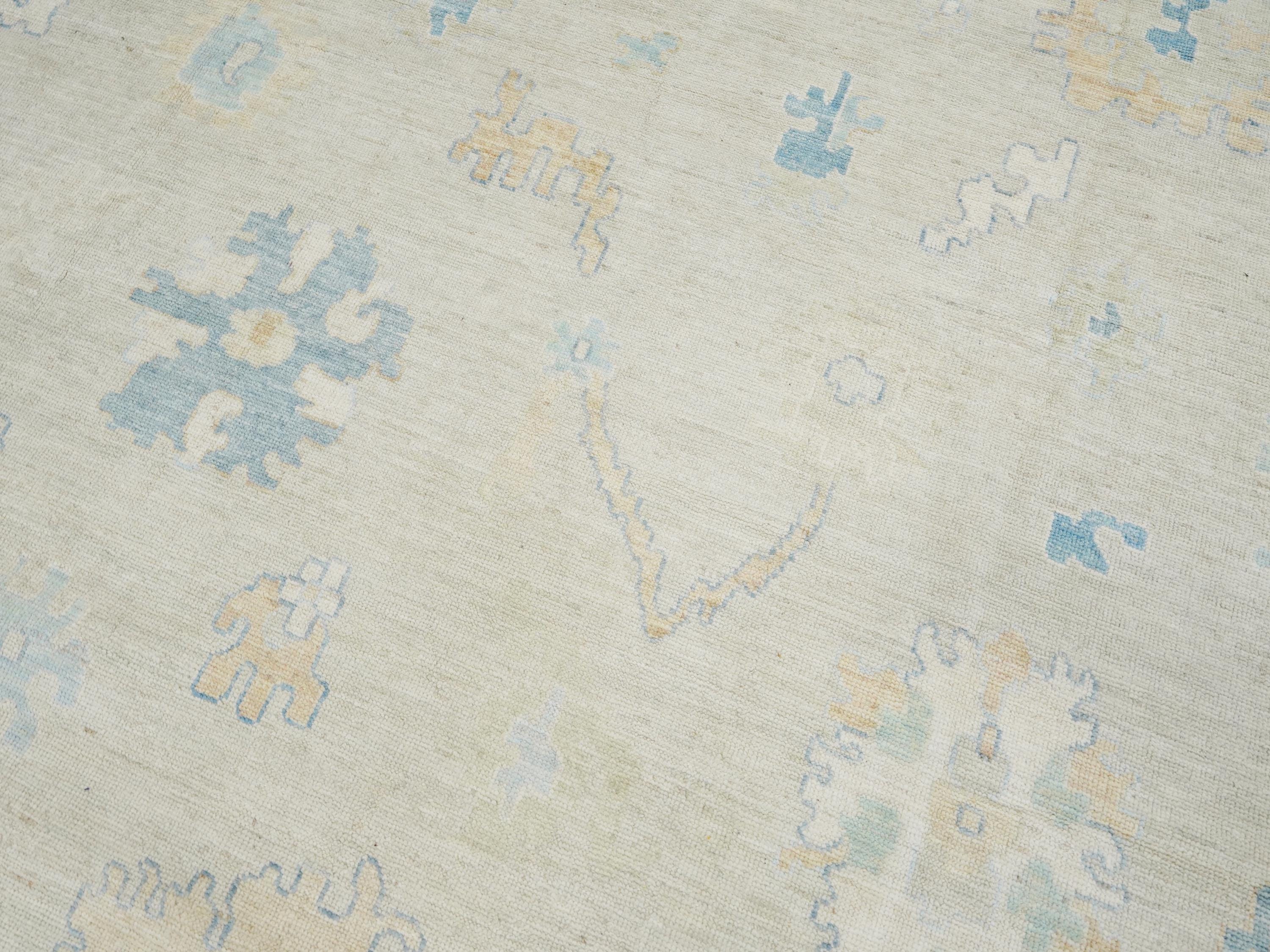 10x14 Ft Blue Oushak Rug - Hand Knotted Afghan Rug - Turkish Floral Design