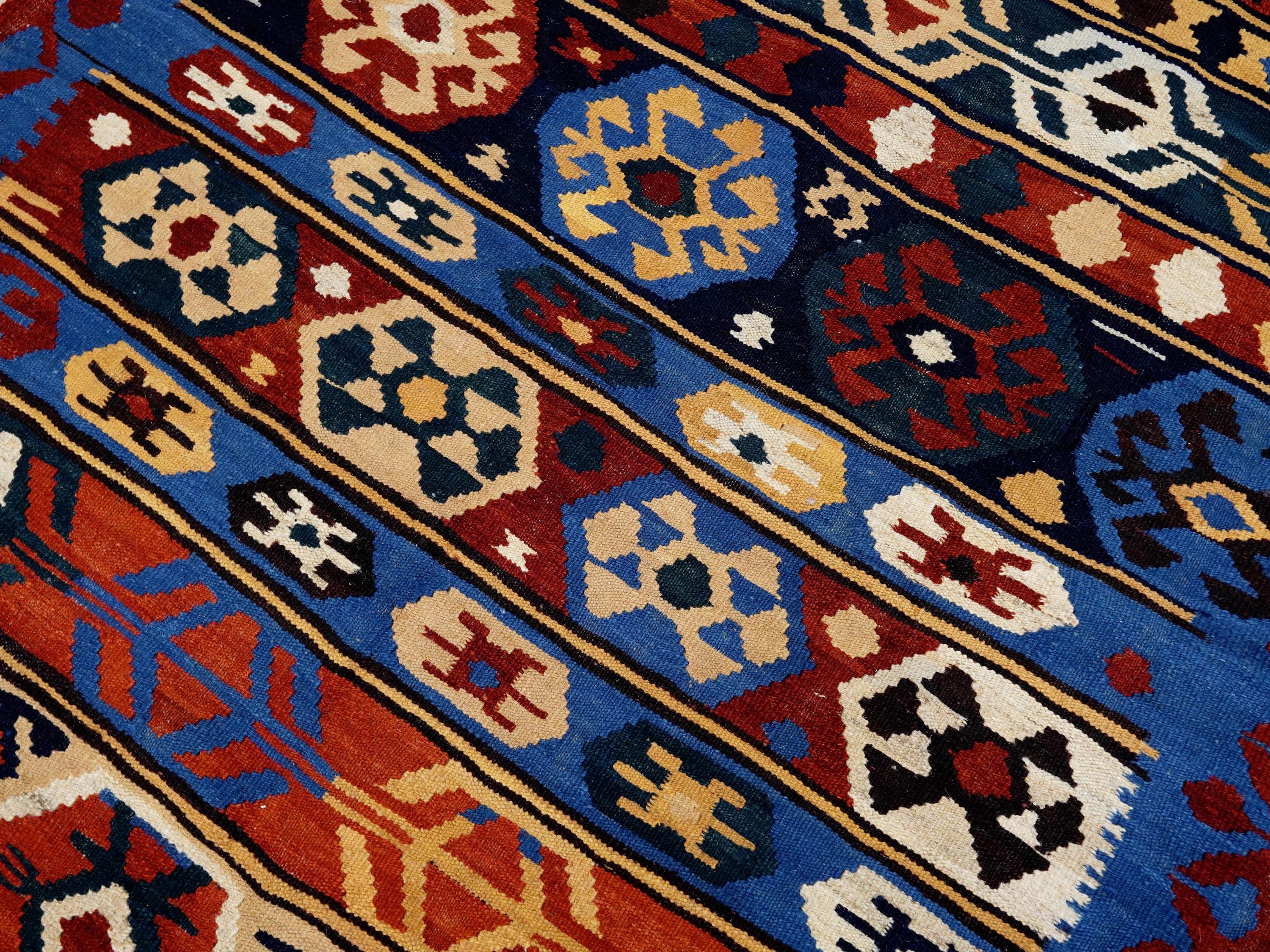 5x7 Ft Blue & Red Kilim Rug - Handwoven Afghan Flat Weave - Tribal Design