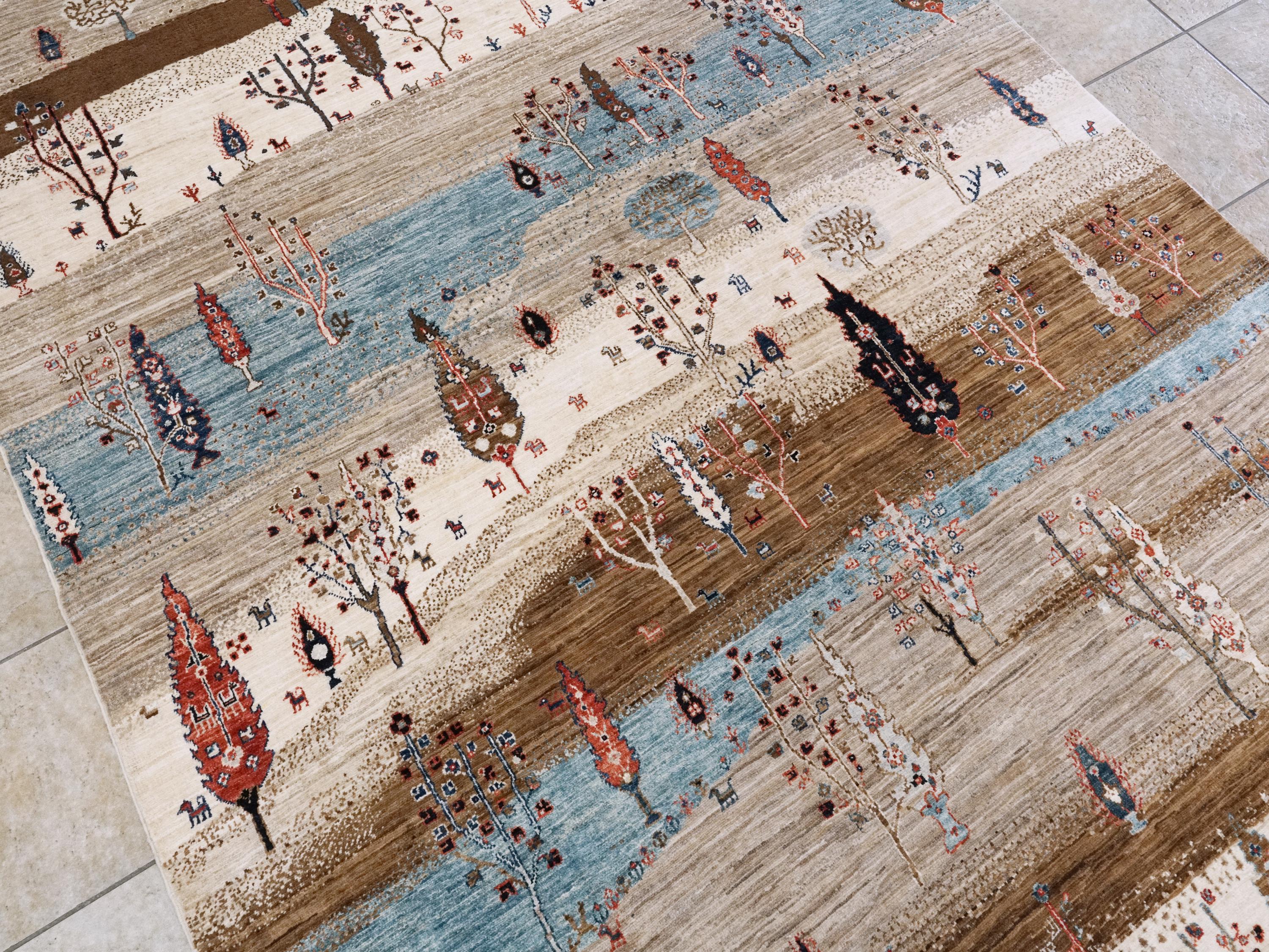 6x9 Ft Beige Landscape Rug - Hand Knotted Oriental Rug