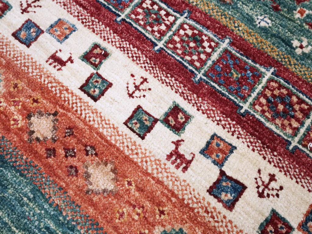 4x4 Ft Colorful Khorjin Rug - Hand Knotted Round Rug - Tribal Design