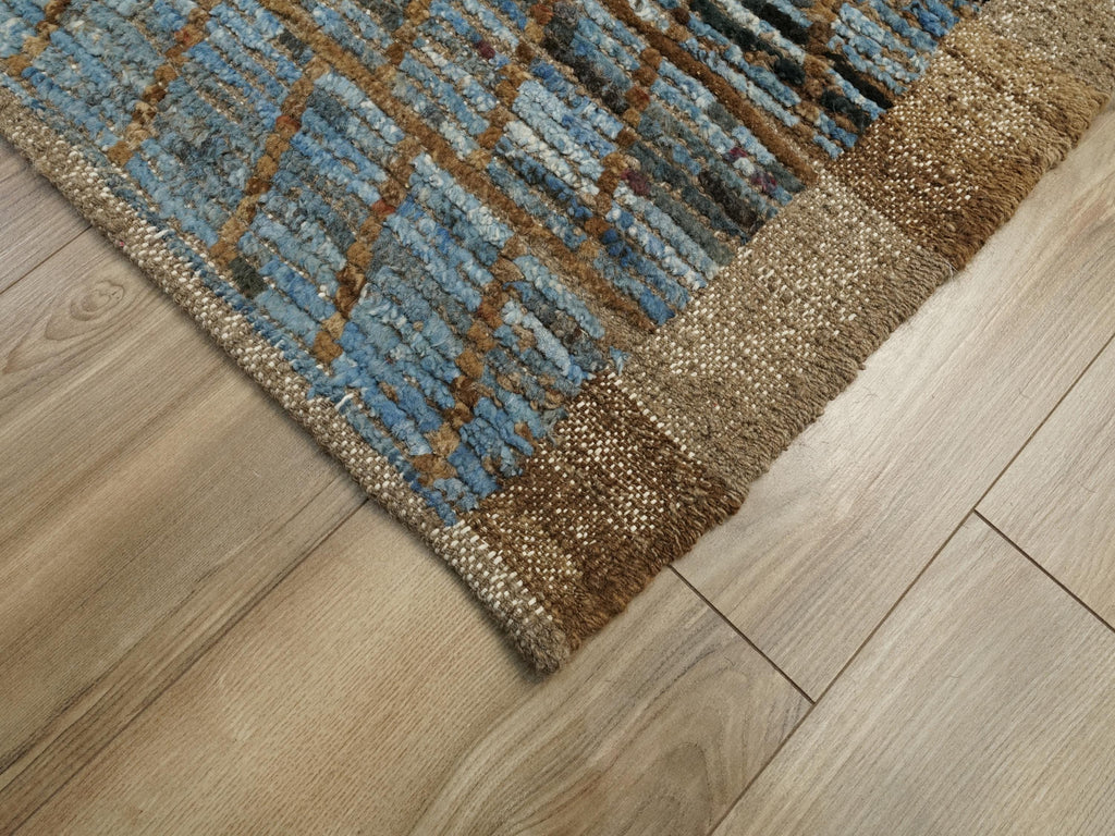 10 Ft Brown & Blue Moroccan Wool Runner Rug: Afghan Handmade Rug