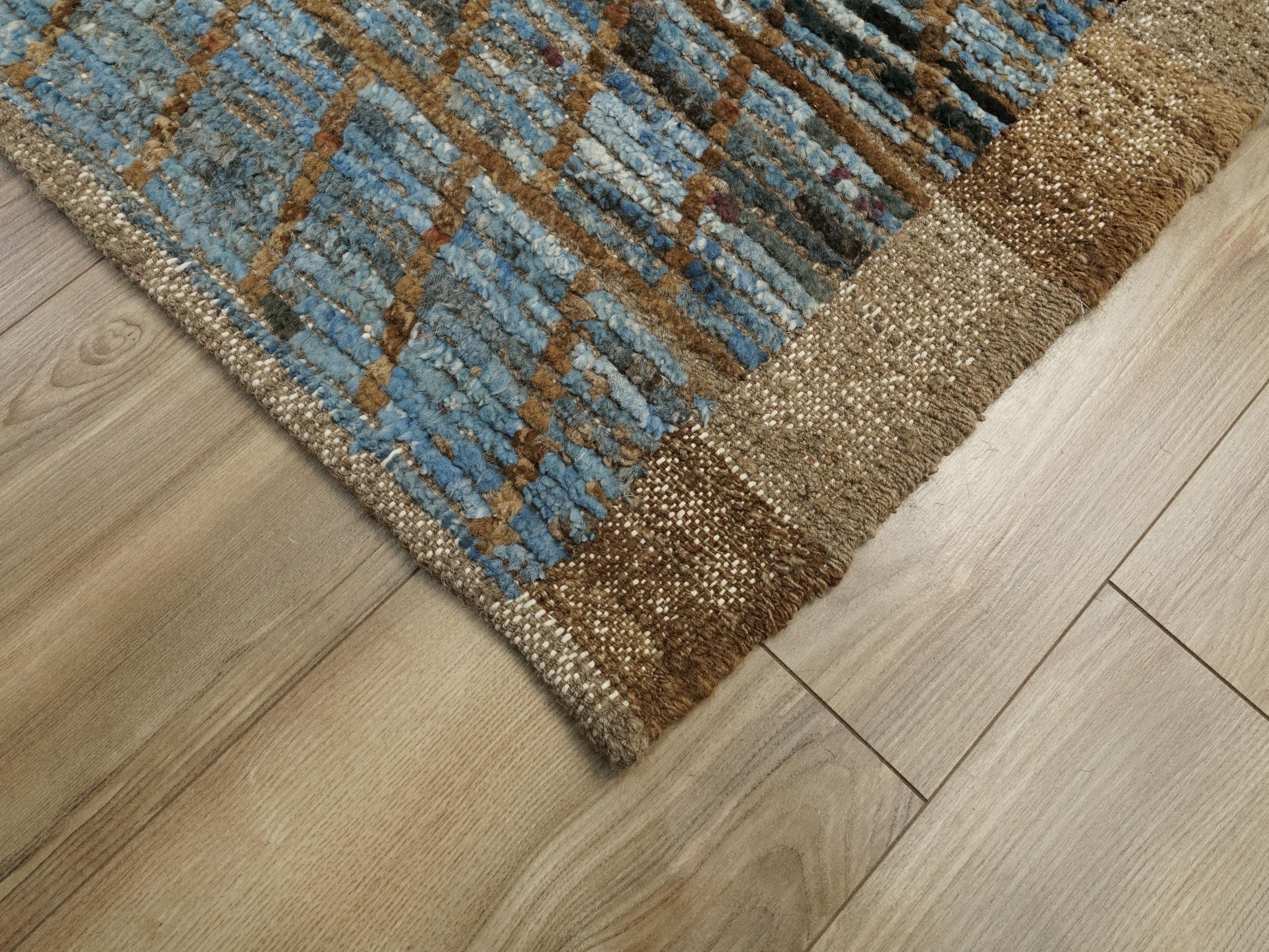 10 Ft Brown & Blue Moroccan Wool Runner Rug: Afghan Handmade Rug