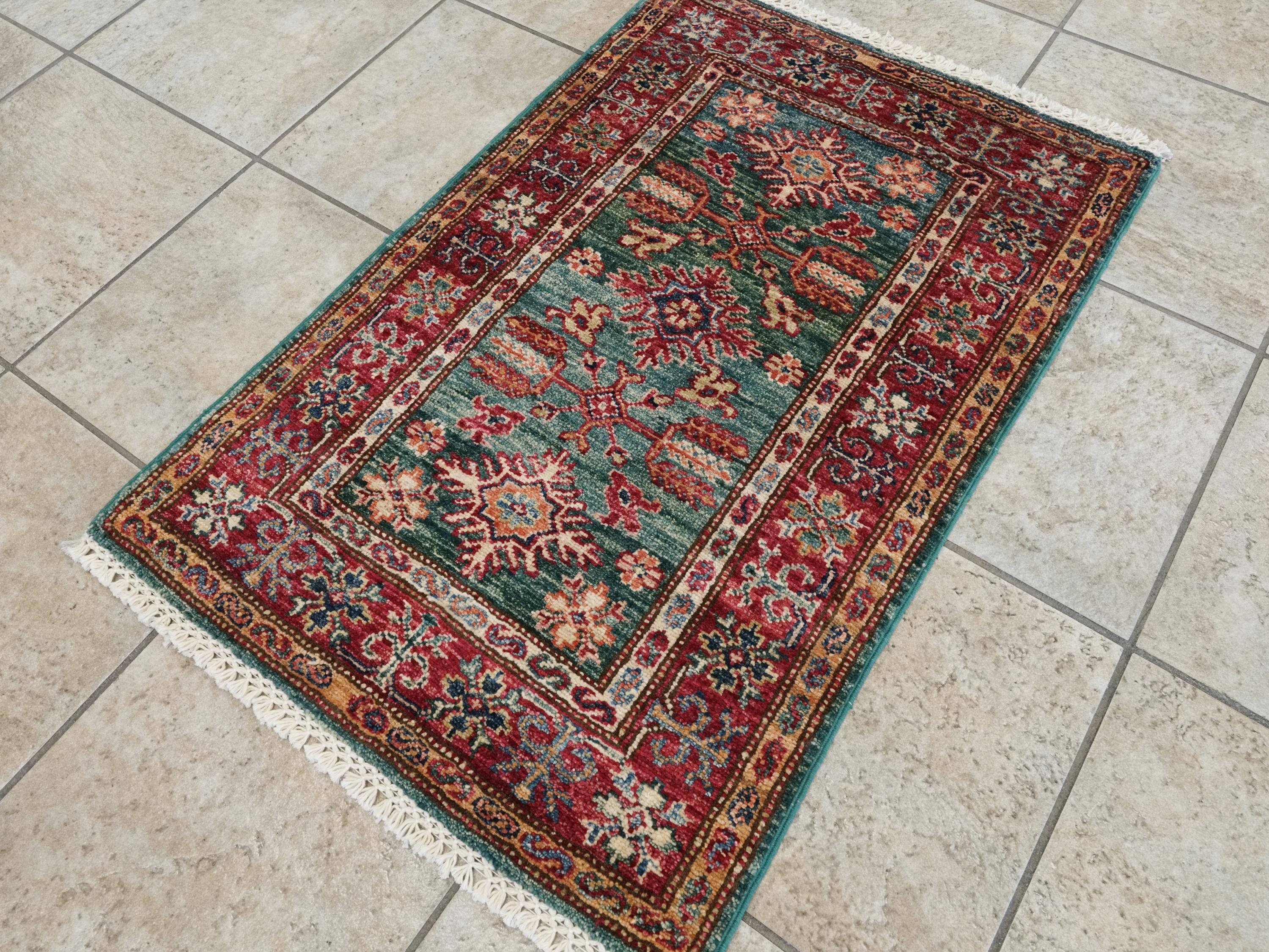 2x3 Ft Handmade Green Wool Kazak Rug - Afghan Oriental Accent Rug