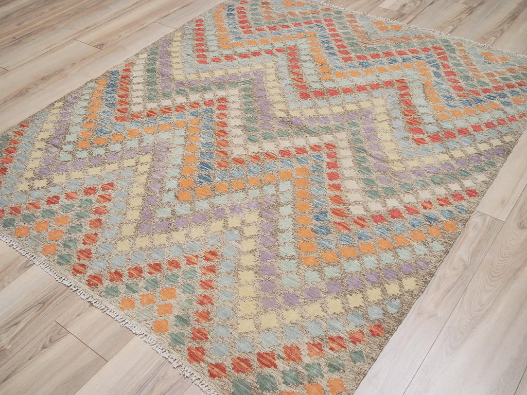 5x6 Ft Tribal Kilim Rug: Red Orange Flat Weave Wool Rug