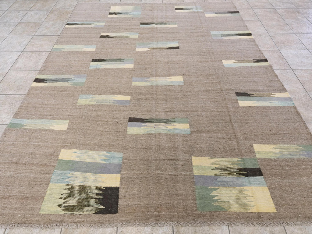 8x10 Ft Brown & Green Kilim Rug - Flat Weave Area Rug