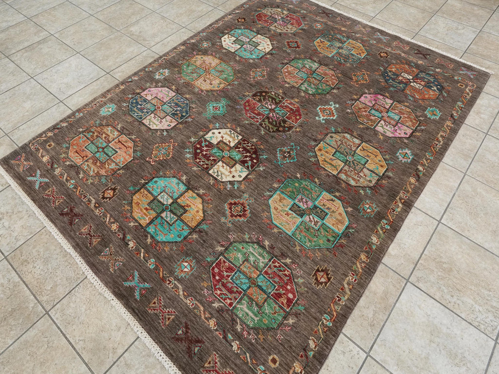6x8 Ft Hand Knotted Ersari Rug - Brown Afghan Wool Rug