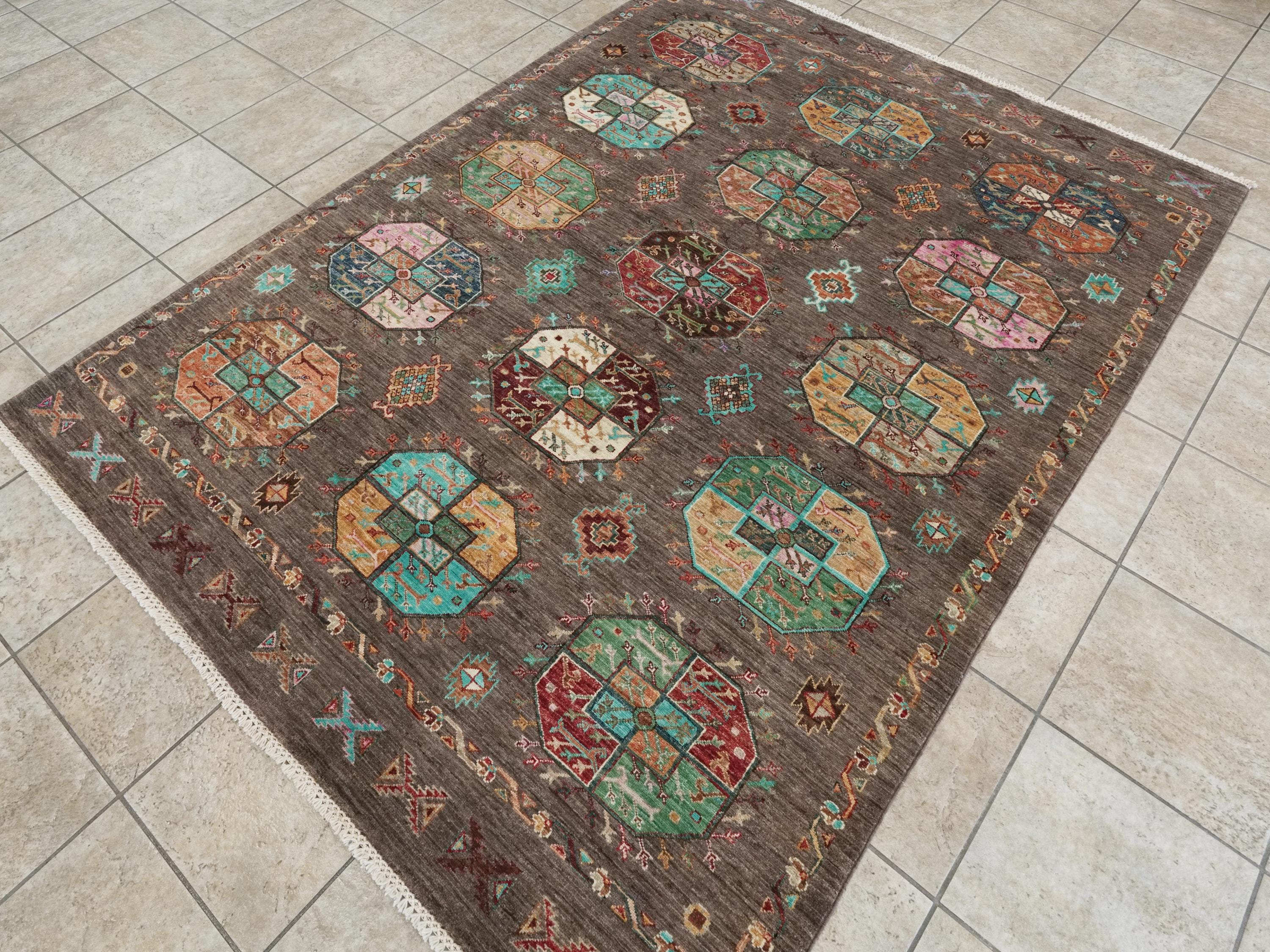 6x8 Ft Hand Knotted Ersari Rug - Brown Afghan Wool Rug