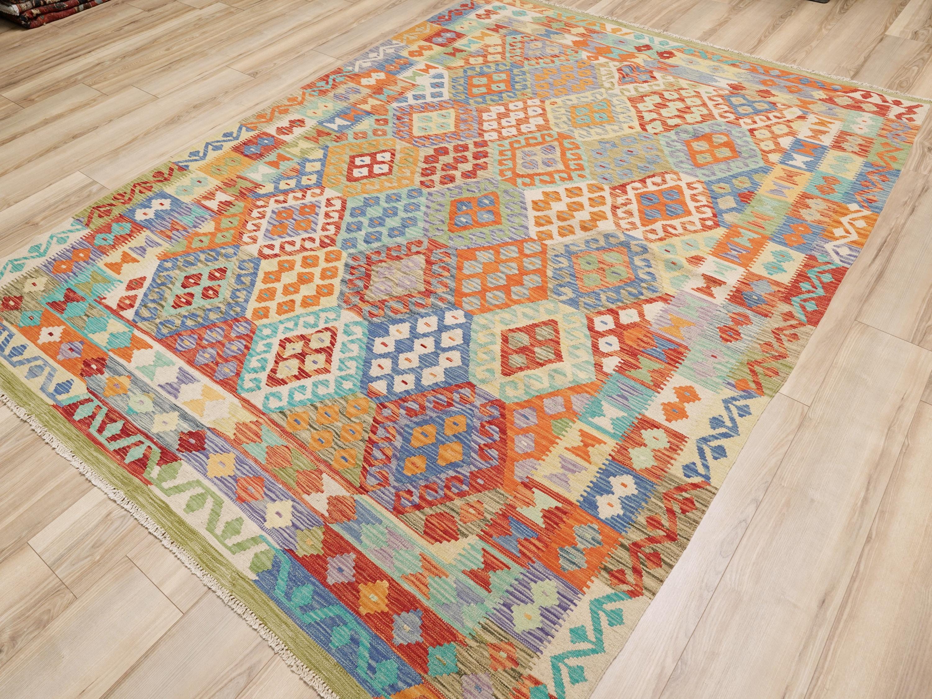 7x10 Ft Orange Kilim Rug - Flat Weaved Tribal Rug