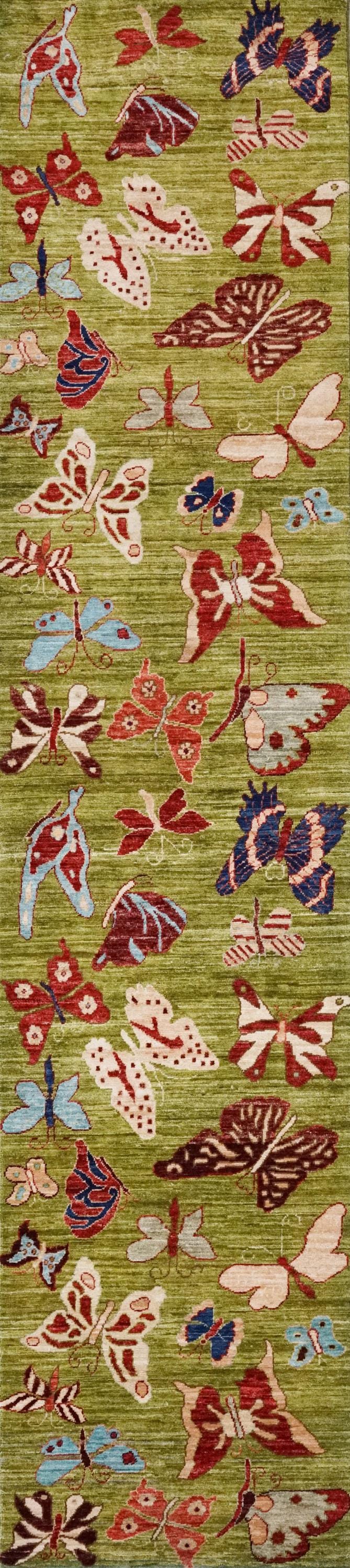 12 Ft Green Butterfly Runner Rug - Afghan Wool Hallway Rug
