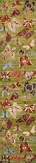 12 Ft Green Butterfly Runner Rug - Afghan Wool Hallway Rug