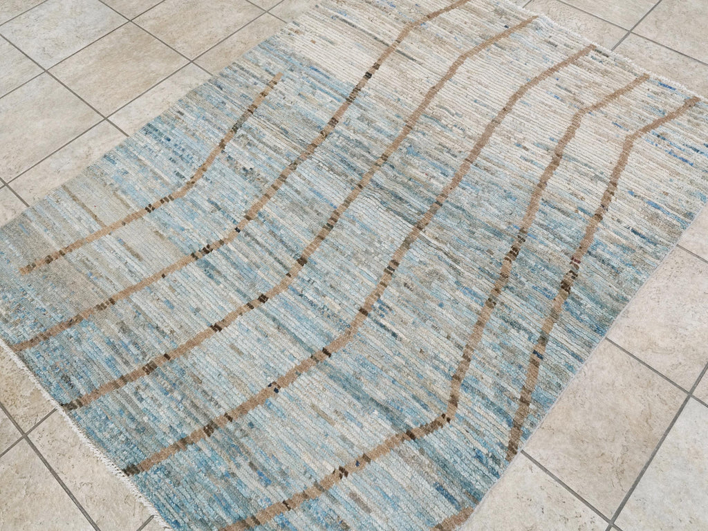 4x6 Ft Blue & Brown Moroccan Rug - Hand Knotted Wool Area Rug