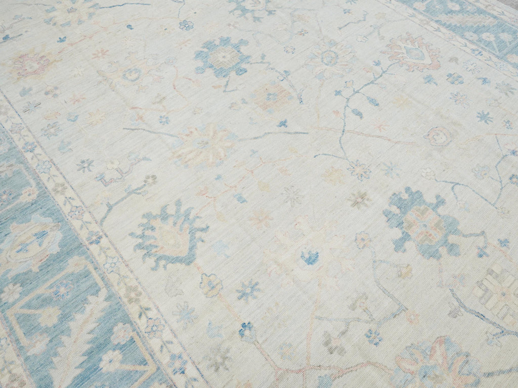 10x14 Ft Blue Oushak Rug - Hand Knotted Afghan Rug - Turkish Floral Design