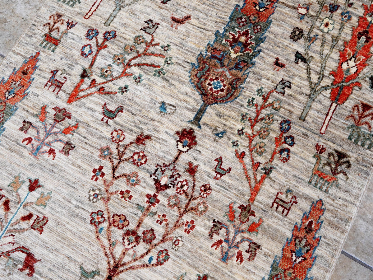 11 Ft Beige Afghan Runner Rug - Hand Knotted Hallway Rug - Floral Design