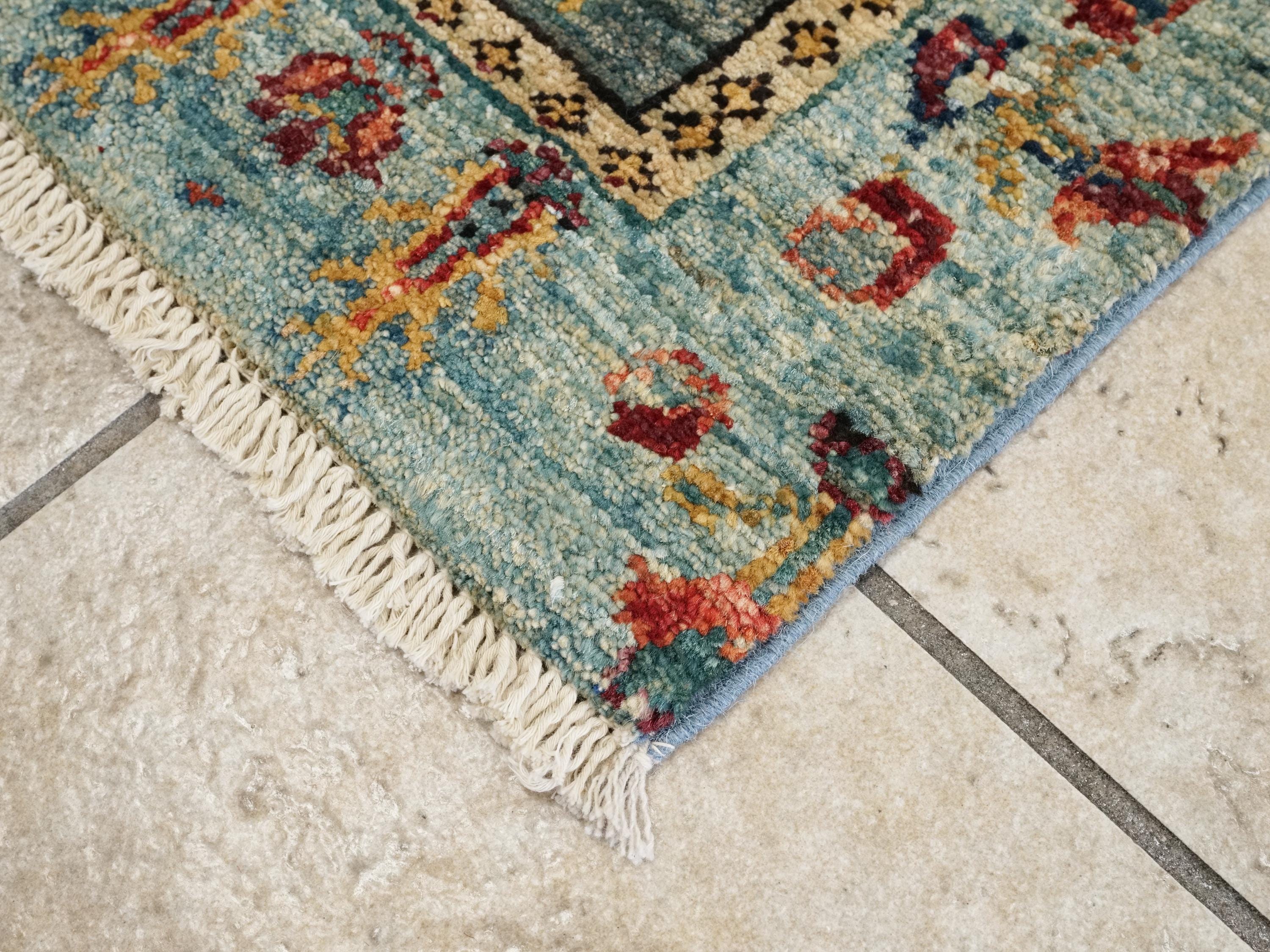 2x3 Ft Handmade Afghan Heriz Rug - Blue Wool Small Accent Rug