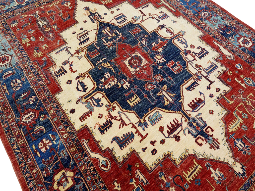 9x12 Ft Red & Blue Serapi Rug - Hand Knotted Antique Rug - Persian Design