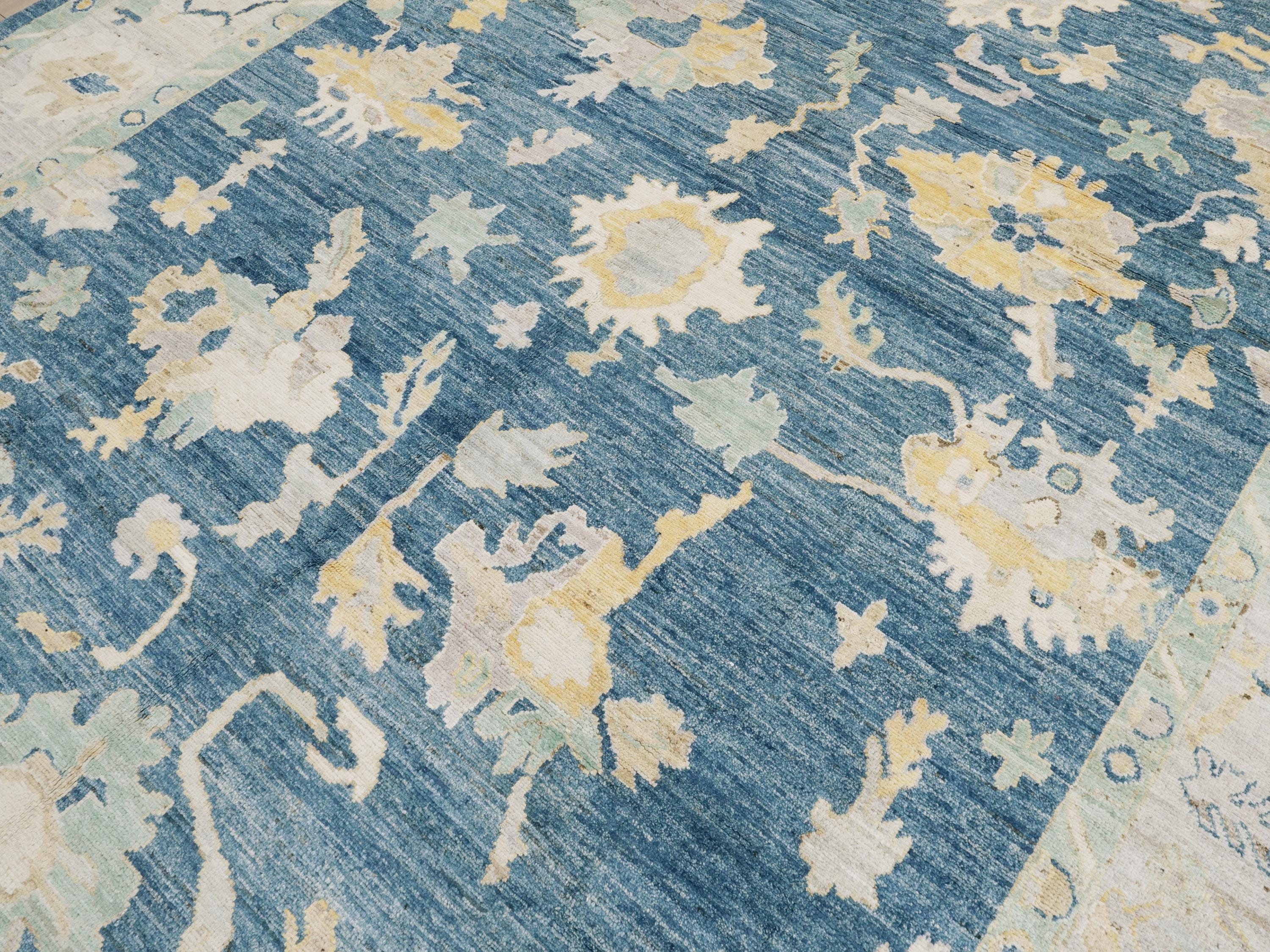 9x12 Ft Hand Knotted Oushak Rug - Blue Handmade Area Rug - Floral Design