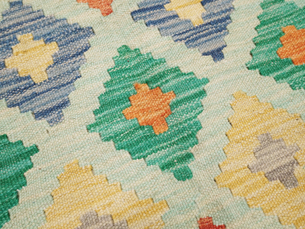 6x8 Ft Green Kilim Rug - Traditional Wool Flat Weave - Geometric Design