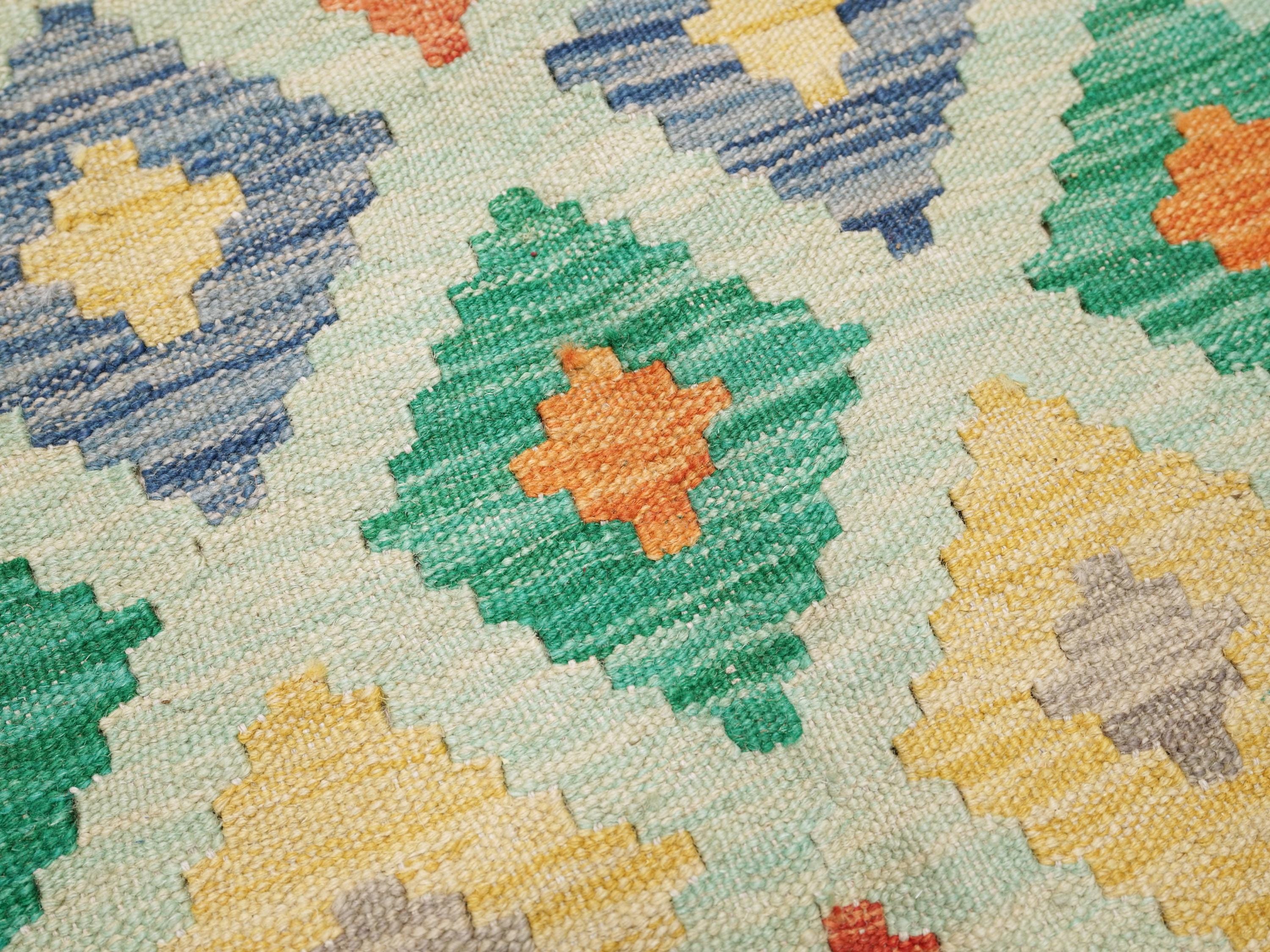 6x8 Ft Green Kilim Rug - Traditional Wool Flat Weave - Geometric Design