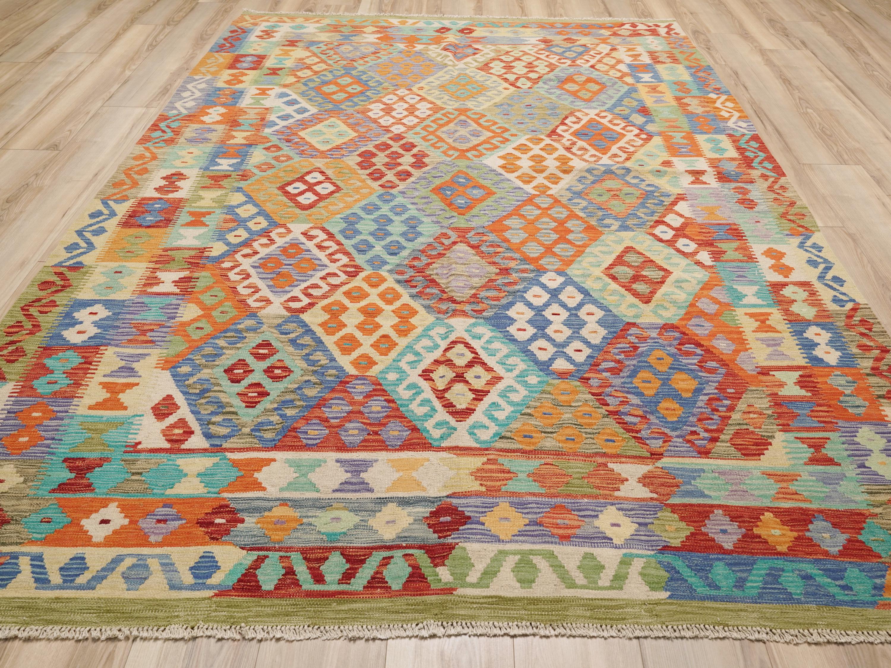 7x10 Ft Orange Kilim Rug - Flat Weaved Tribal Rug