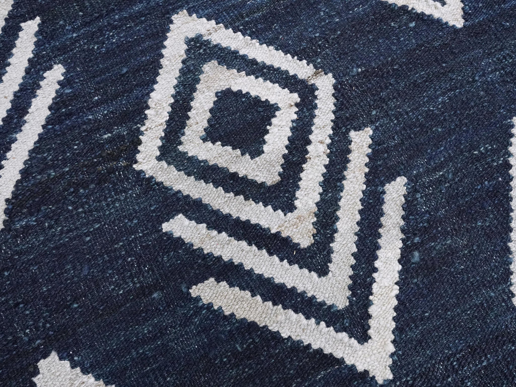 8x10 Ft Dark Blue Kilim Rug - Flat Weave Area Rug - Abstract Design