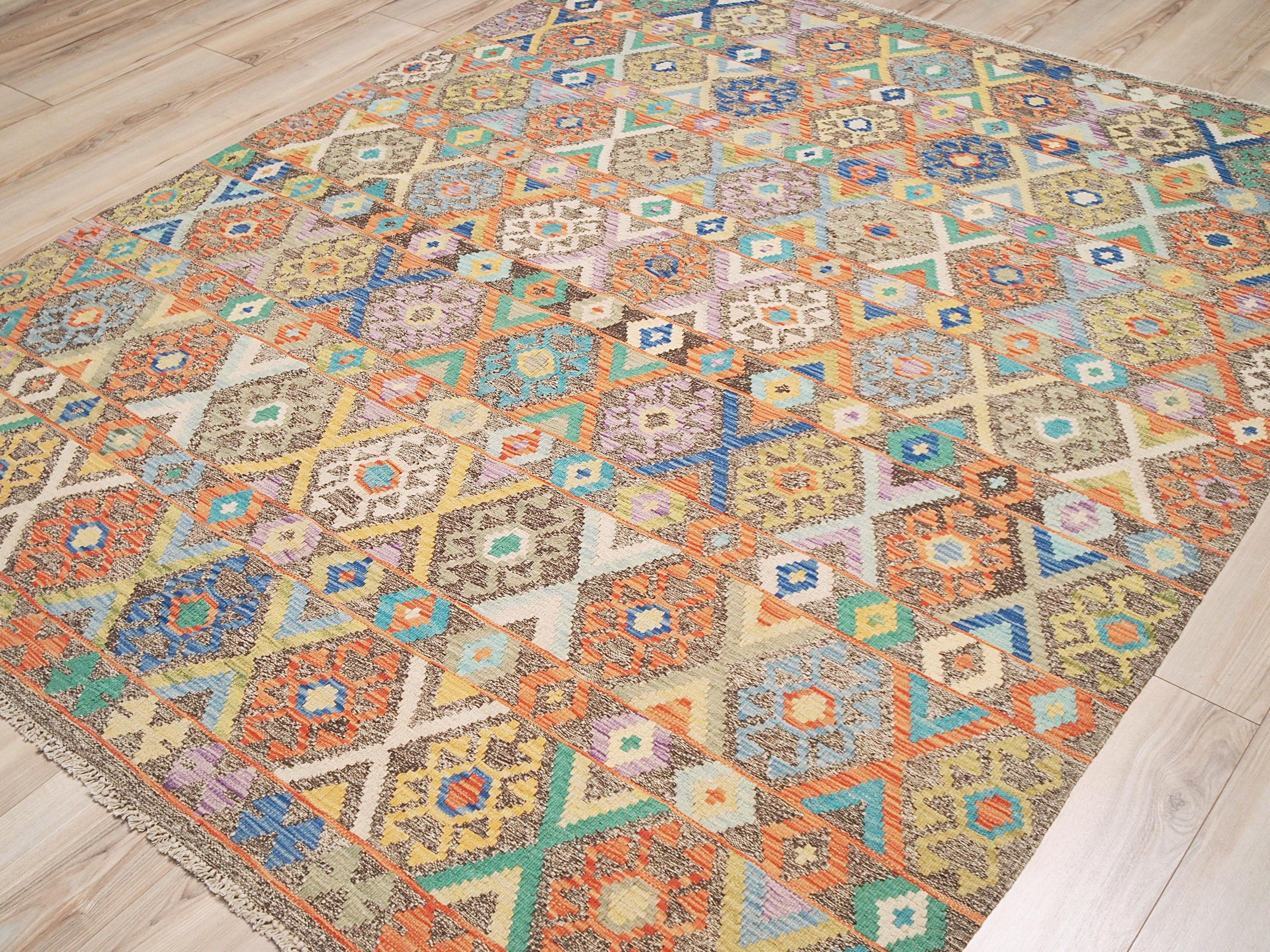 6x8 Ft Wool Kilim Rug - Brown Flat Weave - Traditional Afghan Rug